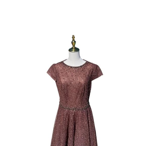 Mac Duggal 20371 Embellished Cap Sleeve A Line Dress In Chocolate Size 8 $698 - Picture 4 of 9